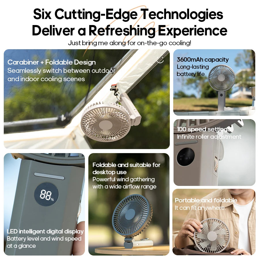 Portable Handheld Fan 3600mAh Multifunctional Desktop Folding Rechargeable Fan 100-Speed with LED Display for Outdoor Travel