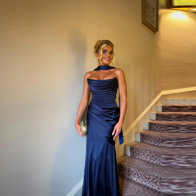 Women Sexy Pleated Strapless Satin Dress Chic Solid Off-Shoulder Backless High Waist Bodycon Dresses 2026 New Evening Party Gown