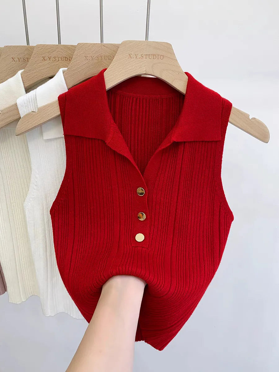 Summer Turn Down Collar Gold Button Slim Knitted Sweater Vests Elegant Knitwear Tank Tops BSTFSC-m1948