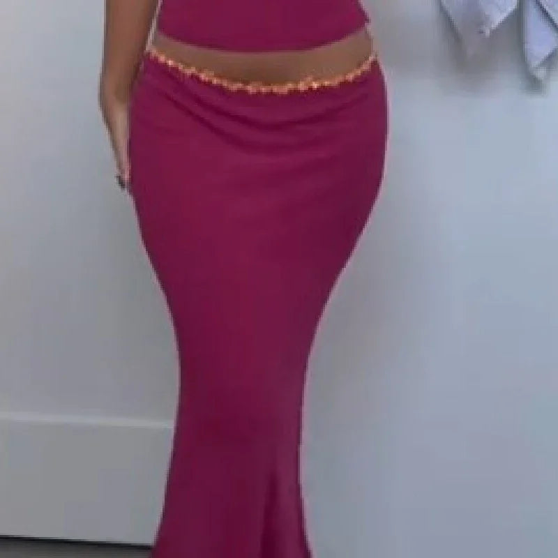 Chic Solid Color Matching Set Sequin Trim Cami Top Shinning Gold Trim Slim Fit Skirt Sexy Summer Vacation Party Club Outfit New