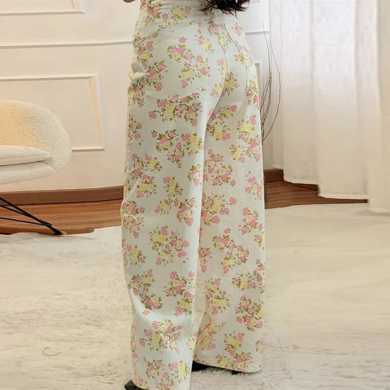 Women's Sweet Cute Floral Printed Vest Pants 2026 New Summer U Collar Sleeveless Ruffle Hem Tops Wide Leg Trousers 2 Piece Sets