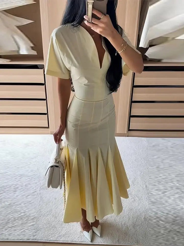 Women Fashion Solid Dress V-neck Ruffles Hem Short Sleeves Waist-cinching Draped Empire Dresses Summer Chic Elegant Summer Gown