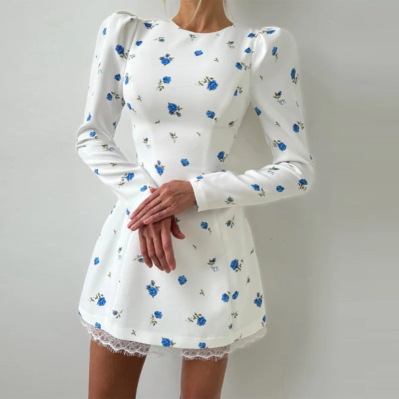 Chic Feminine Dress Floral Print Glamorous Vintage Lace Women Dresses Soft Elegant Stylish Sweet Date Casual Outfits