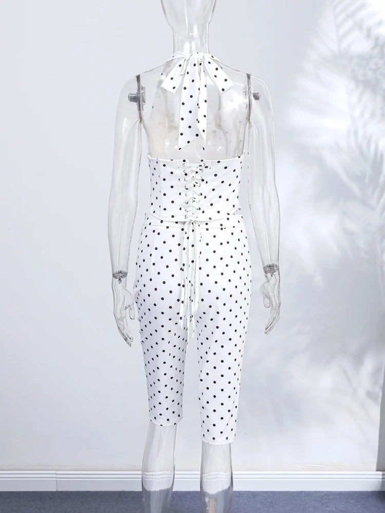 Fashion Polka Dot Two-pieces 7-inch Pants Sets Women's Slim Halter Waist-cinching Tops Hip-wrap Pant 2026 New Ladies Solid Suit
