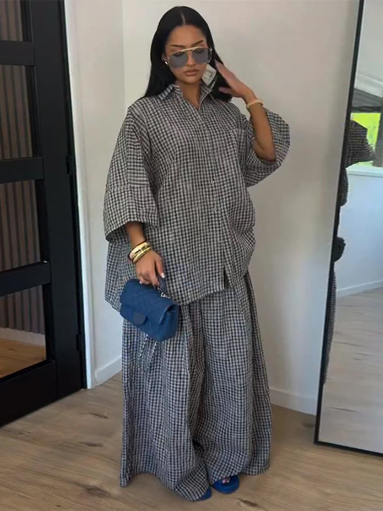 Casual Women's Pants Set Turn-down Collar Shirt Loose Bottom Female Plaid Printing Sets 2026 Summer Fashion Commute Lady Suit