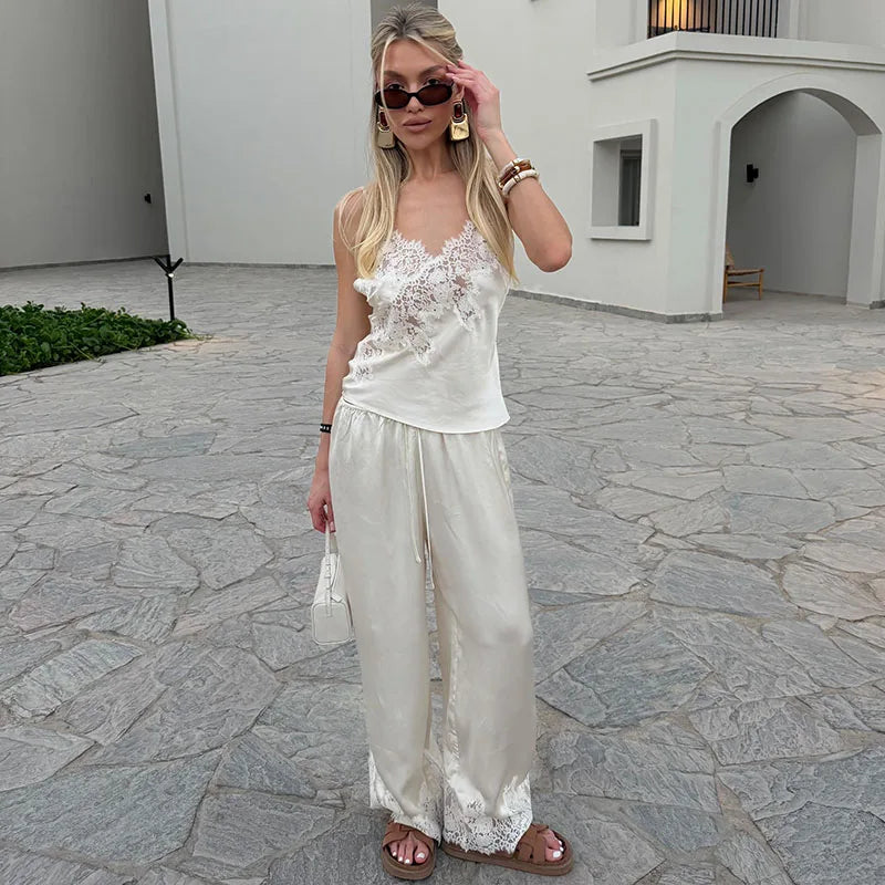 Women Short Set Satin Lace Spaghetti Strap V-Neck Top Drawstring Waist Lace Trim Shorts Elegant Casual Solid Two Piece Set Lady