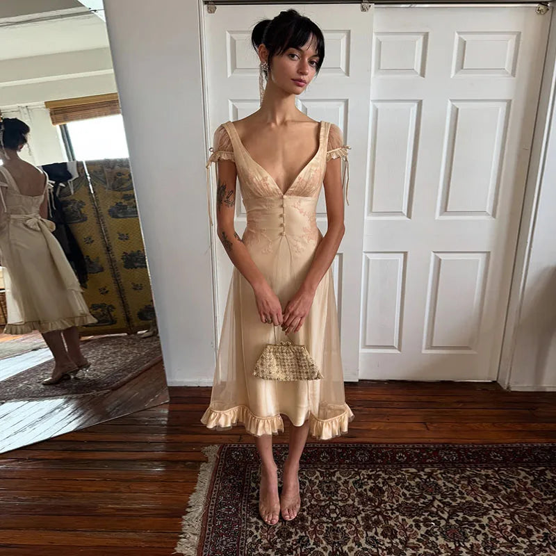 Women Mesh Midi Dress Vintage Dresses Deep V Neck Tie Strap Floral Ruffle Hem Wedding Guest Dress Elegant Outfit Woman Clothes