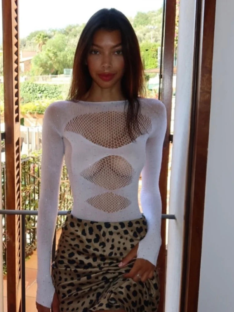 Sexy Tight Fishnet Short Bodysuit Women Solid Hollow-out Full Sleeve Sequin Versatile Bodysuits Spring Fashionable Daily Wear