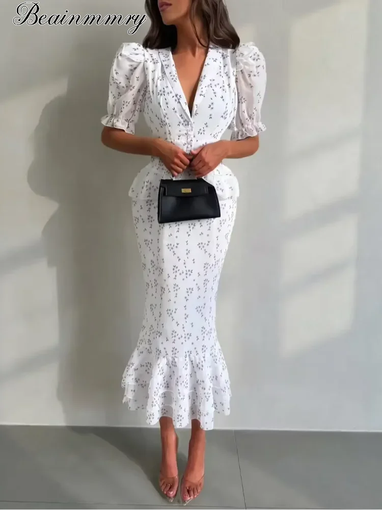 Women Elegant Printed V-neck Dress Chic Lapel Waist Cinched Pleated High Waisted Dresses 2026 Summer New Lady Vacation Gowns