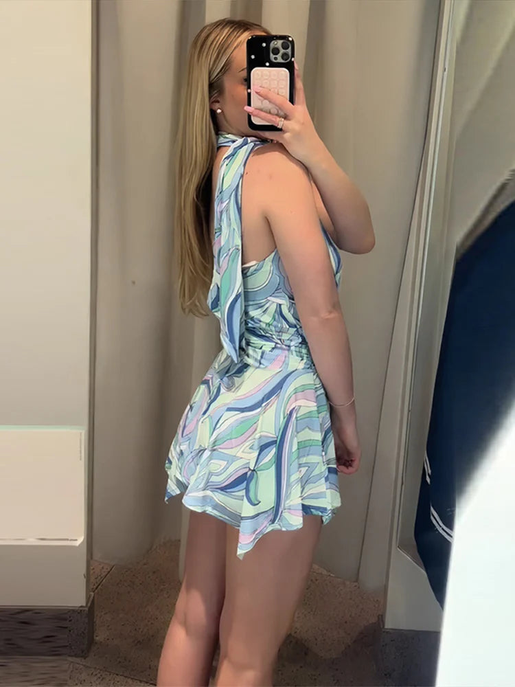Swirl Print Women's Mini Dress Sexy Halter Neck Sleeveless Backless Ruffles Dresses Female 2026 Summer Fashion Beach Vestidos
