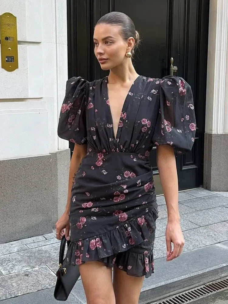 Women Elegant Printed Short Dress Chic V-neck Short Sleeve A-line Bodycon Mini Dresses 2026 Lady New Summer Vacation Street Robe