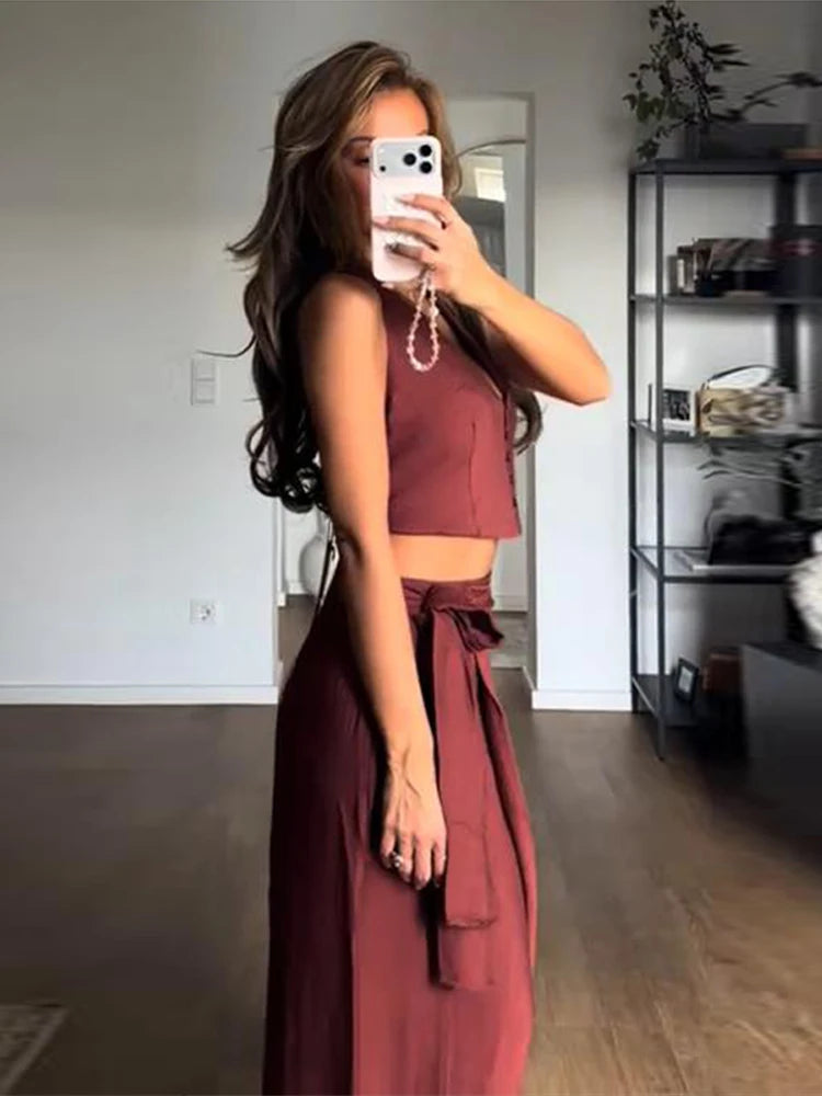 Sequin Embroidered Halter V-Neck Wrap Top & Wide Leg Pants Set 2026 Summer Chic Elegant Women Vocation Casual Two Piece Outfit