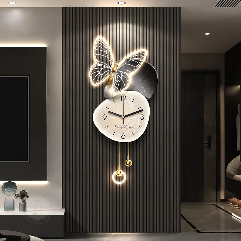 Living Room Foyer Creative Clock Butterfly LED Mural Lights TV Background Wall Entrance Decoration Painting Hanging Painting