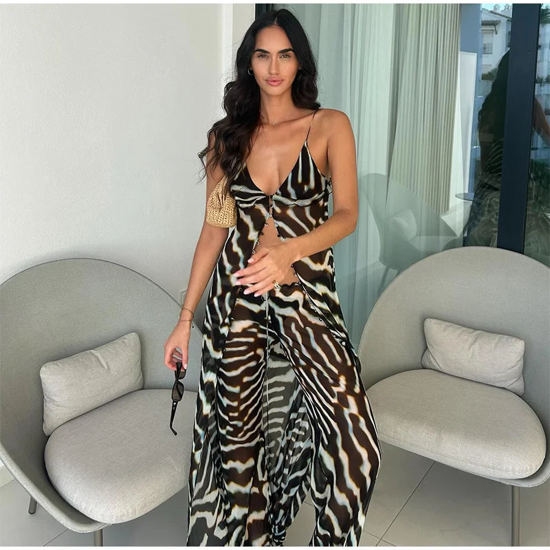 Women's Zebra Print Pants Set Casual V-neck Button Flowy Maxi Slip Top & Wide-leg Pants Lady 2026 Chic Beach Vacation Outfits