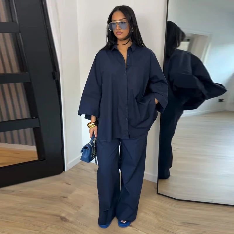 Fashion Stripe Long Pants Set Women Chic Lapel Single Breasted Shirt High Waist Wide Leg Trousers 2026 Spring New 2 Pcs Outfits