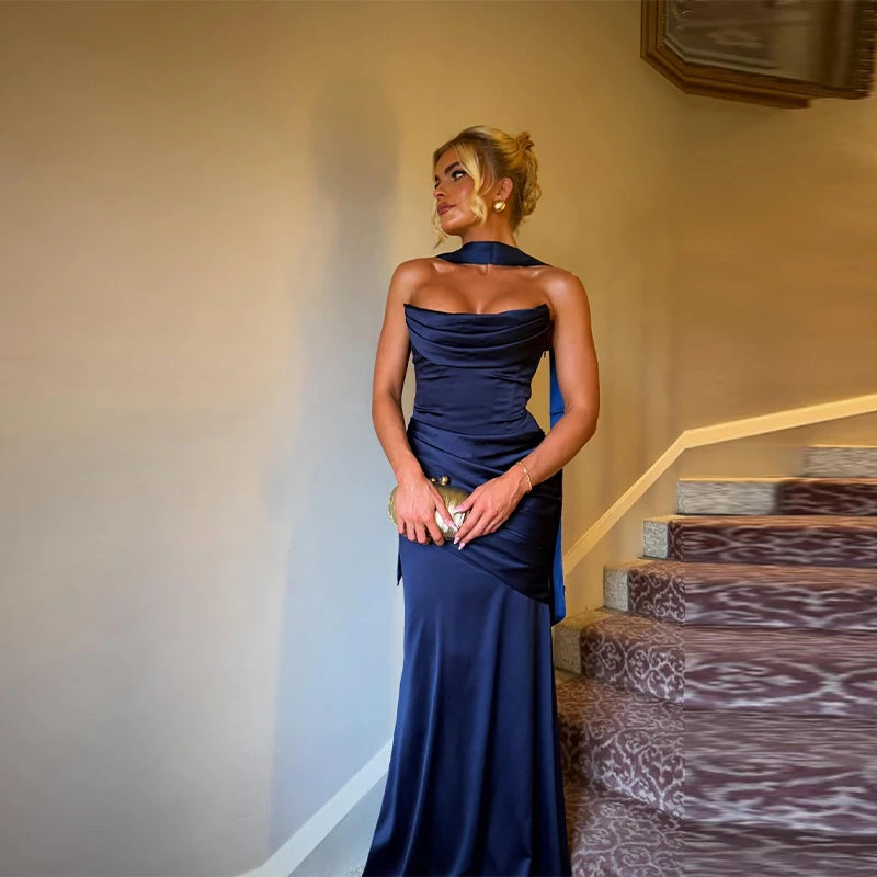 Women Sexy Pleated Strapless Satin Dress Chic Solid Off-Shoulder Backless High Waist Bodycon Dresses 2026 New Evening Party Gown