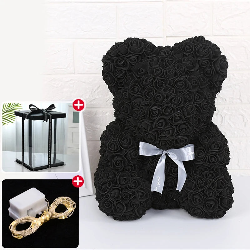 Rose Bear With Box Lights Valentine Gifts Decoration Artificial Flower Teddy Bear for Women/Girlfriend Love Flower Birthday Gift