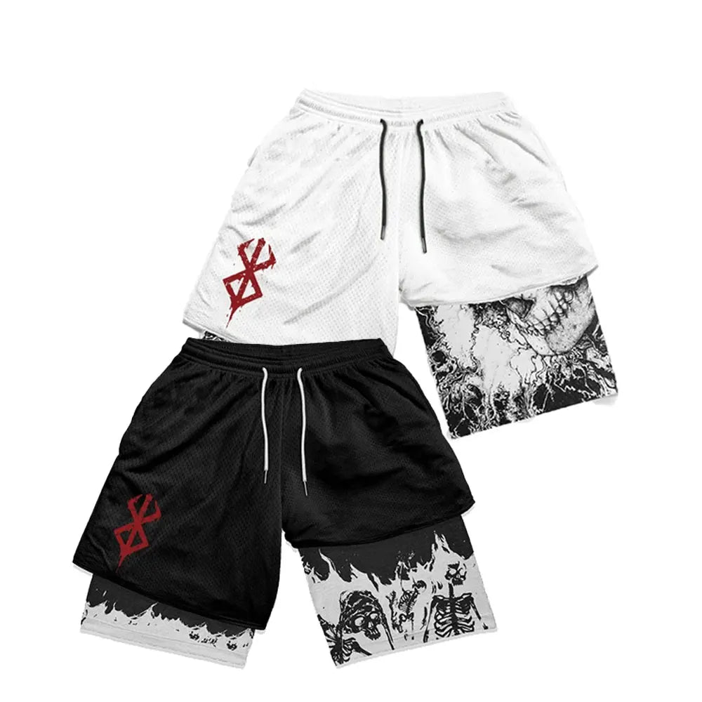 Sport Shorts Men 2 in 1 Gym Jogging Running Training Workout Shorts 3D Anime Berserk Breathable Beach Double-Layer Shorts Mens CB DROPSHIPPING