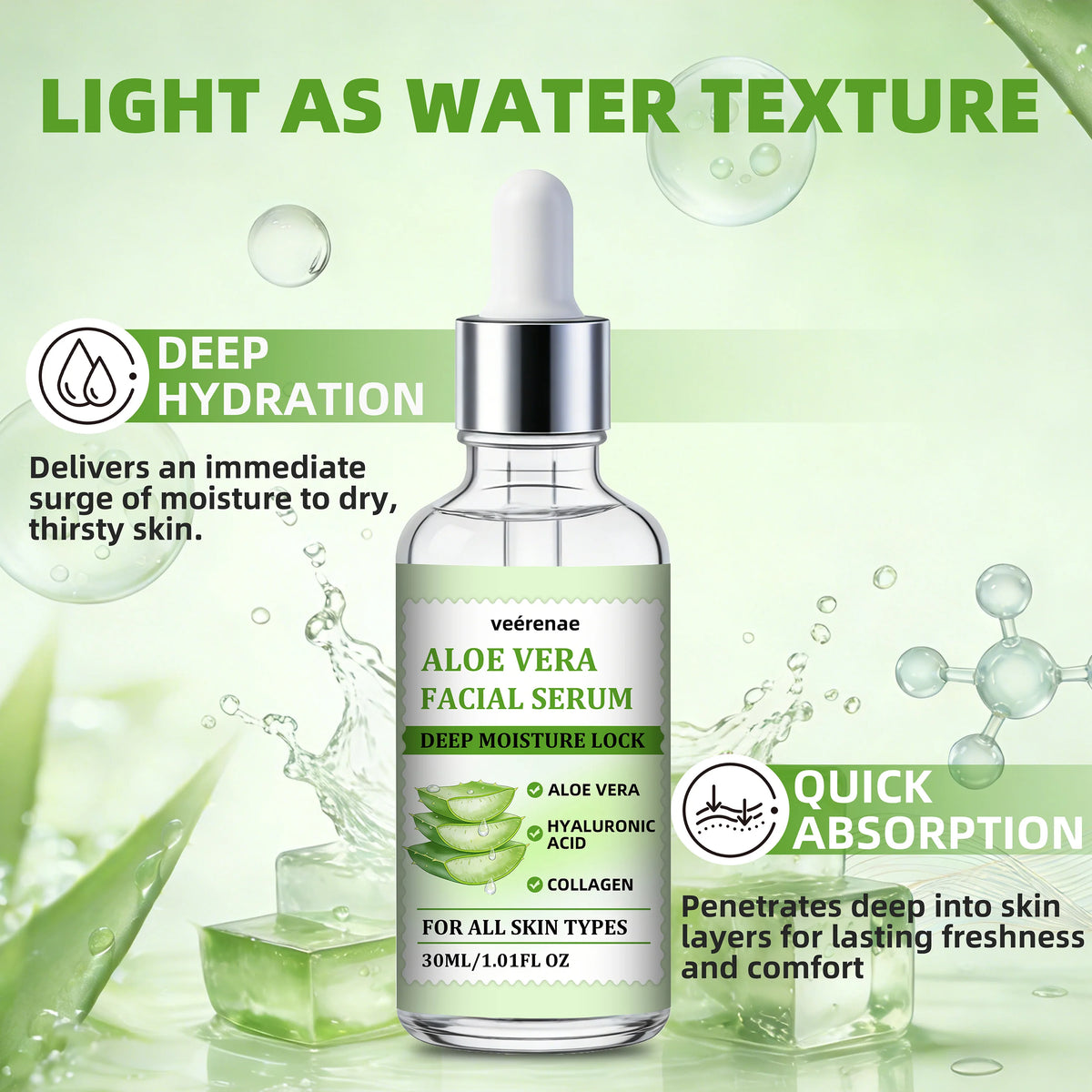 veérenae ALOE VERA FACIAL SERUM - Hydrating & Soothing, Oil‑Free, Quick‑Absorbing & Non‑Greasy, Perfect for Daily Skincare