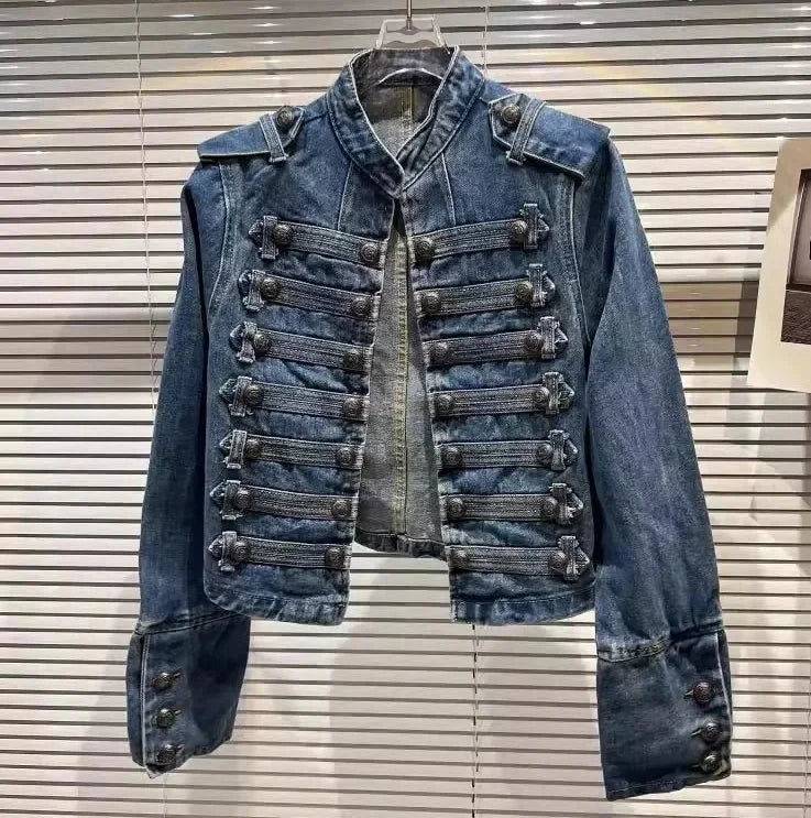 Spring Autumn Vintage Blue Slim Short Jeans Jacket Women Stand Collar Multi-breasted Design Long Sleeve Denim Jacket  Streetwear