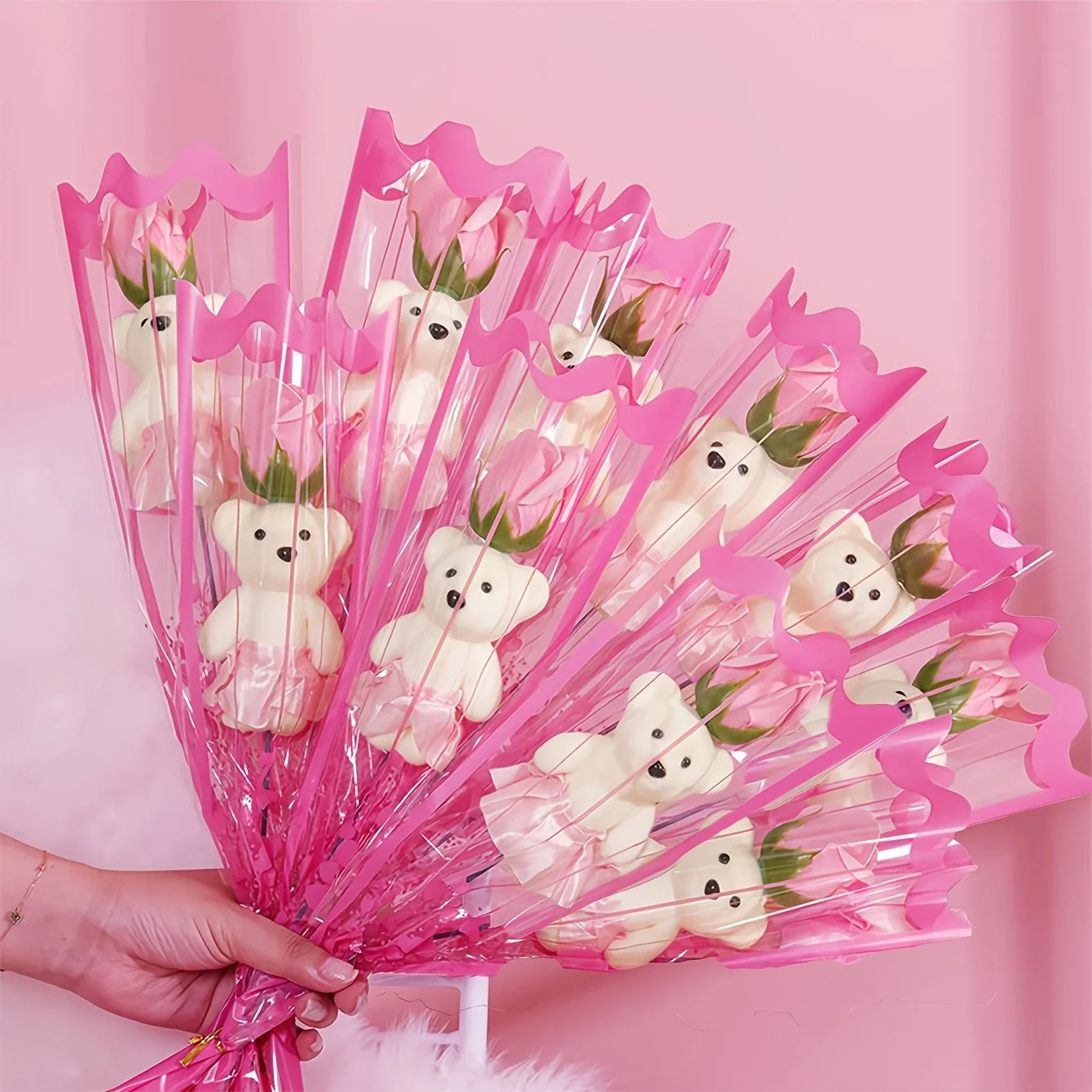 10Pcs Artificial Flowers Rose Bear Bouquet Fake Flower Mother's Day Valentine's Day Gift Birthday Present Wedding Home Decor