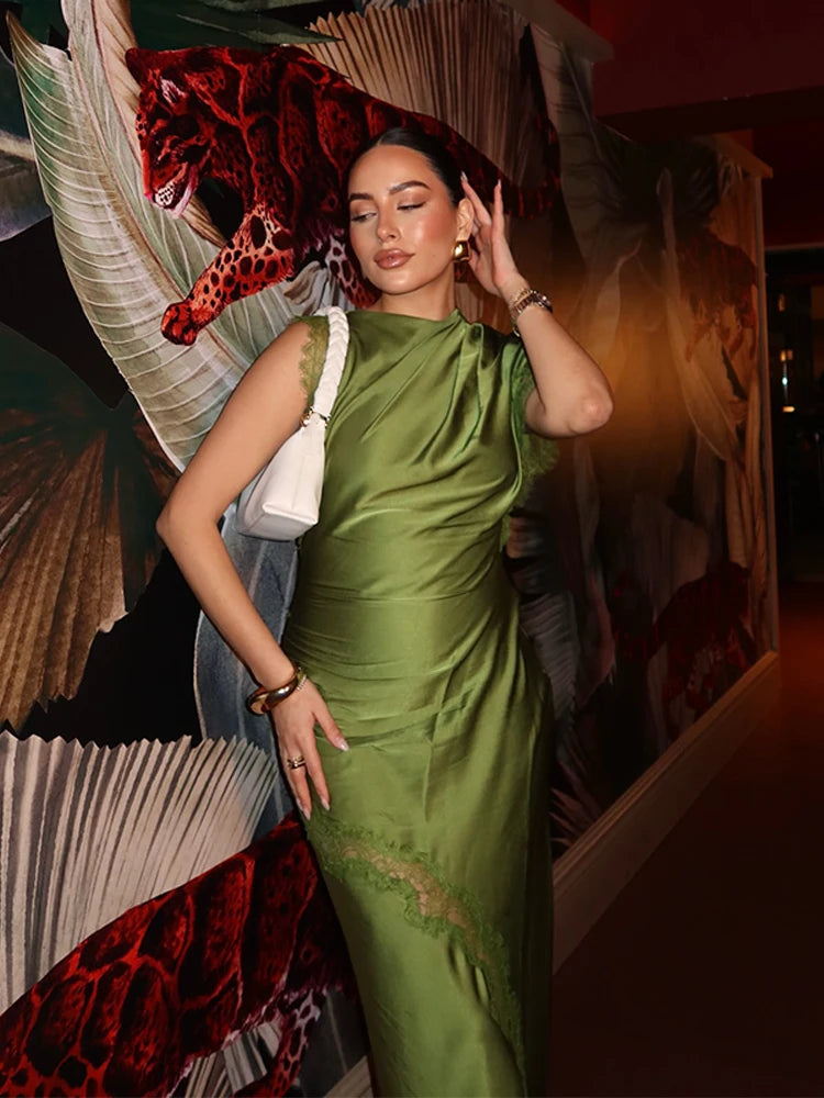 Women Elegant Green Satin Maxi Dress Lace Slit Asymmetric High Neck Draped One-sleeve Slim Fit Lgown Formal Evening Party Outfit