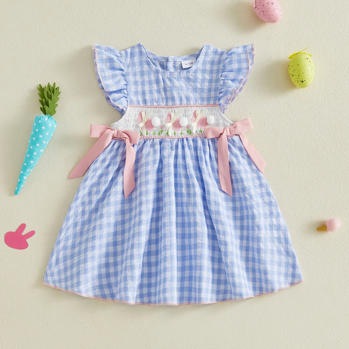 Toddler Baby Girl Easter Dress Flying Sleeve Crew Neck Rabbit Embroidery Plaid Print Bow Decor A Line Dress CB DROPSHIPPING