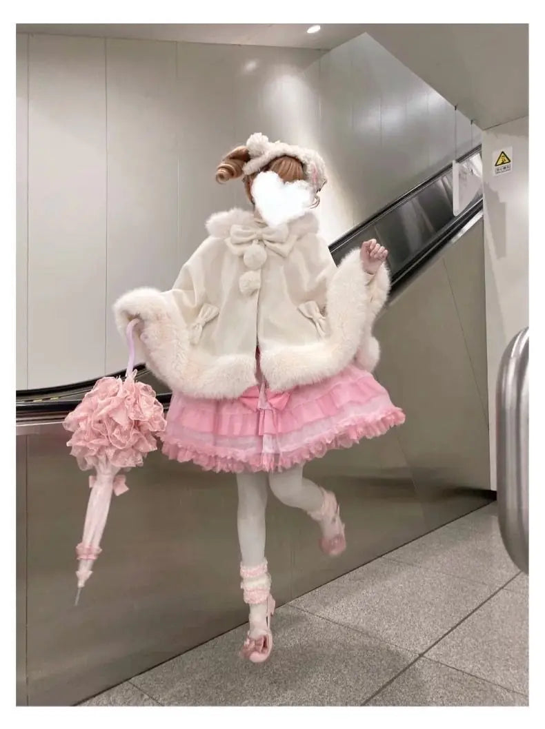 Japanese Kawaii Coat Cloak Faux Fur Collar Long Sleeve Tops Women Casual Lolita Bow Button Jackets Warm Sweet Women Clothing