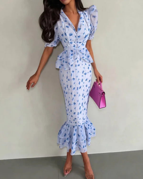 Women Elegant Printed V-neck Dress Chic Lapel Waist Cinched Pleated High Waisted Dresses 2026 Summer New Lady Vacation Gowns
