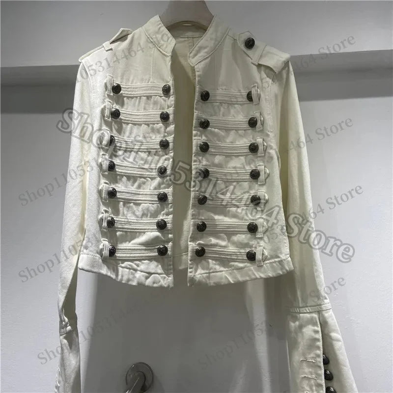 Spring Autumn Vintage Blue Slim Short Jeans Jacket Women Stand Collar Multi-breasted Design Long Sleeve Denim Jacket  Streetwear