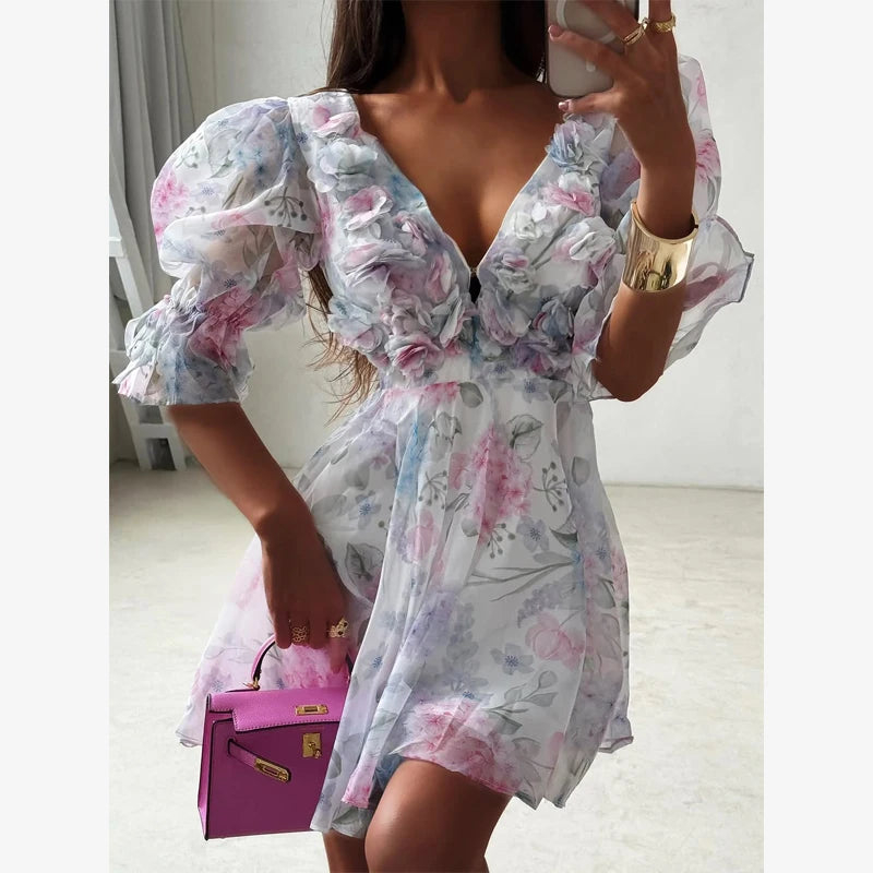 Pink Floral Printed Backless Mini Dress Women Elegant O Neck Long Sleeved Ruffles A-line Dresses Summer Chic Female Vestidos