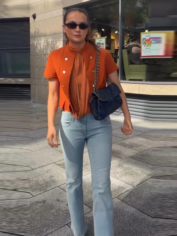 Short Sleeve Waist Cinching Ruffles Tops Women Elegant Stand Collar Single Breasted Pleaded Slim Thin Coats Chic Office Lady Top