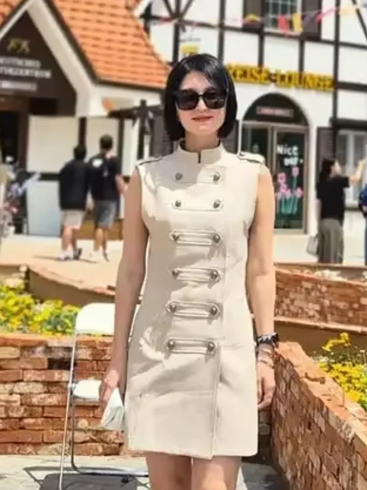 Women Stand Collar Double Breasted Mini Dress Sleeveless Elegant Casual Slim Fit Short Robe Lady Office New Dresses 2026 Summer