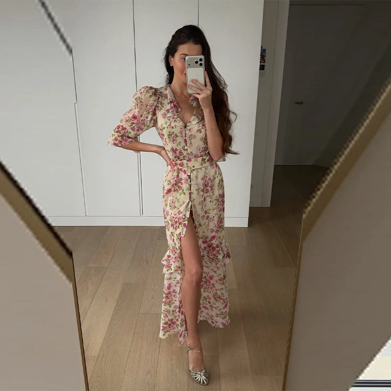 Print Chiffon Long Dress Women V Neck Half Sleeves High Waist Ruffles Belts Split Robe Female 2026 Summer Chic Vacation Dresses