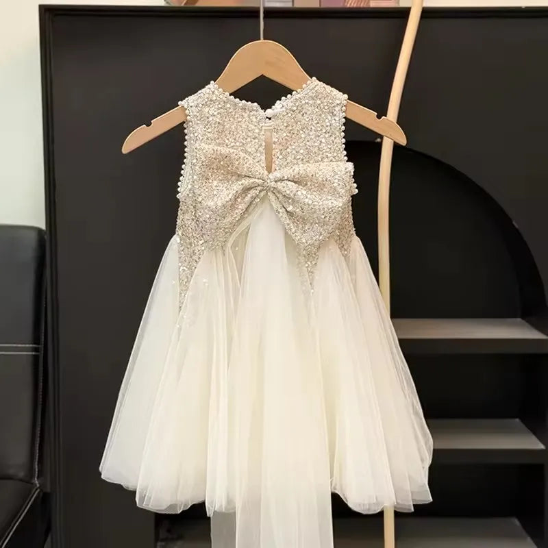 Summer Girls Tulle Dress Princess Sequined Puff Mesh Gown Kids Birthday Party Vestidos Children Casual Fashion Clothes 2-10Y CB DROPSHIPPING
