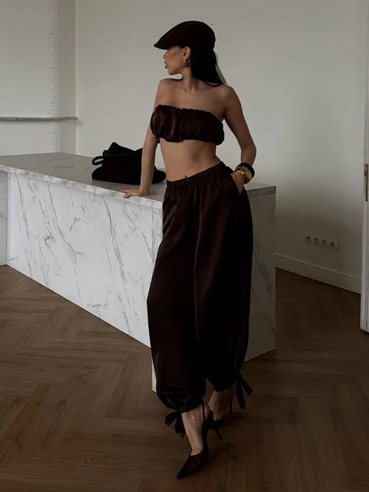 Women's Trousers 2 Pcs Suits Pleated Spaghetti Strap Cropped Tube Tops Elastic Waist Lace Up Pants Charming Ladies Partywear New