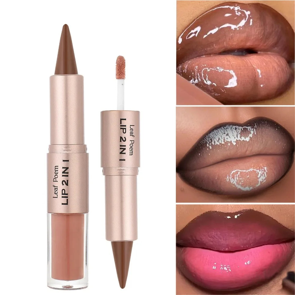 Black Brown Tapered Lip Liner Contour Pencil Double Head Mirror Plumping Lip Glaze Crystal Lip Gloss Sexy Red Lips Tint Makeup CB DROPSHIPPING