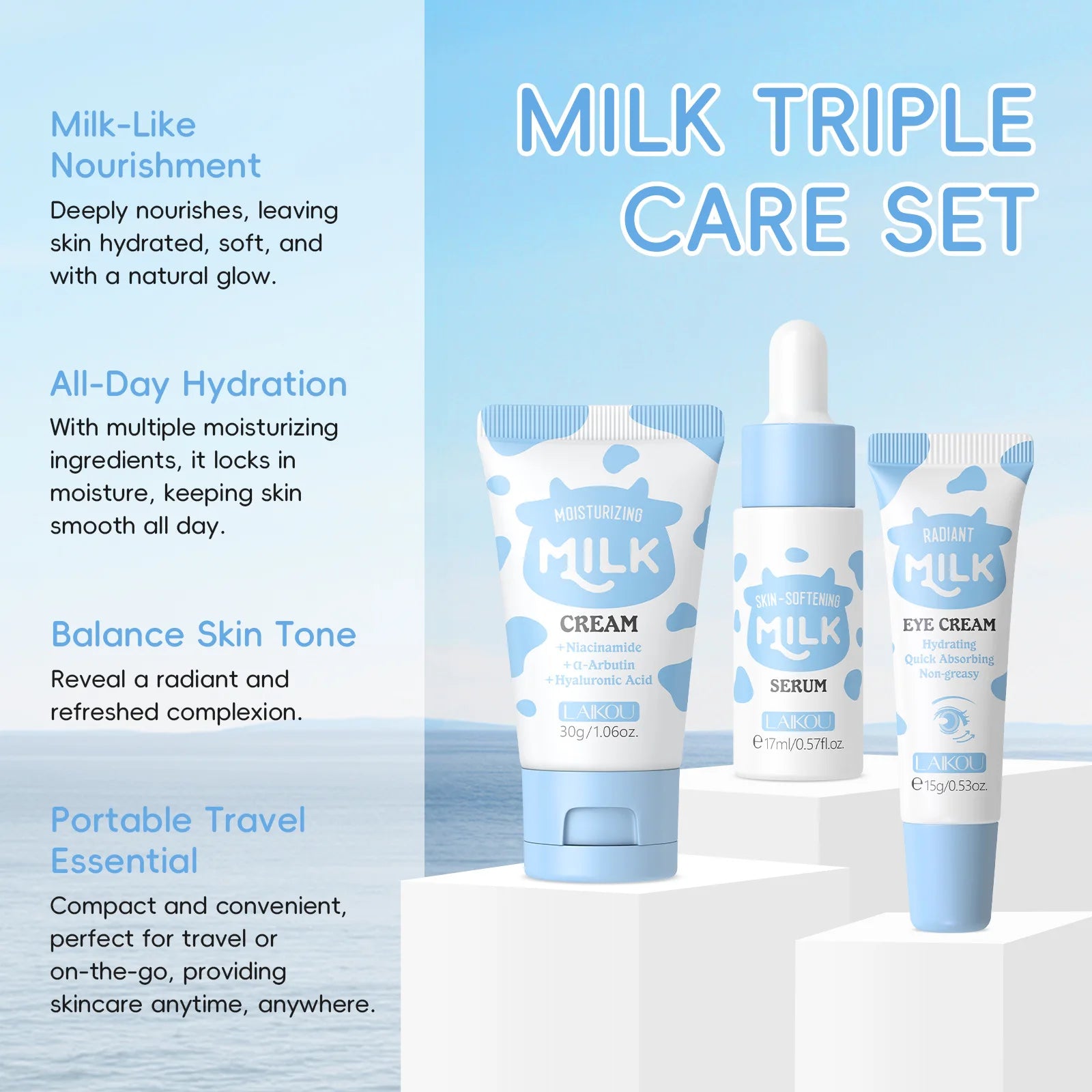 LAIKOU Milk Skincare Travel Set 3pcs Niacinamide Hyaluronic Acid Face Serum Eye Cream Face Cream Moisturizing Glowing Skin Care CB DROPSHIPPING