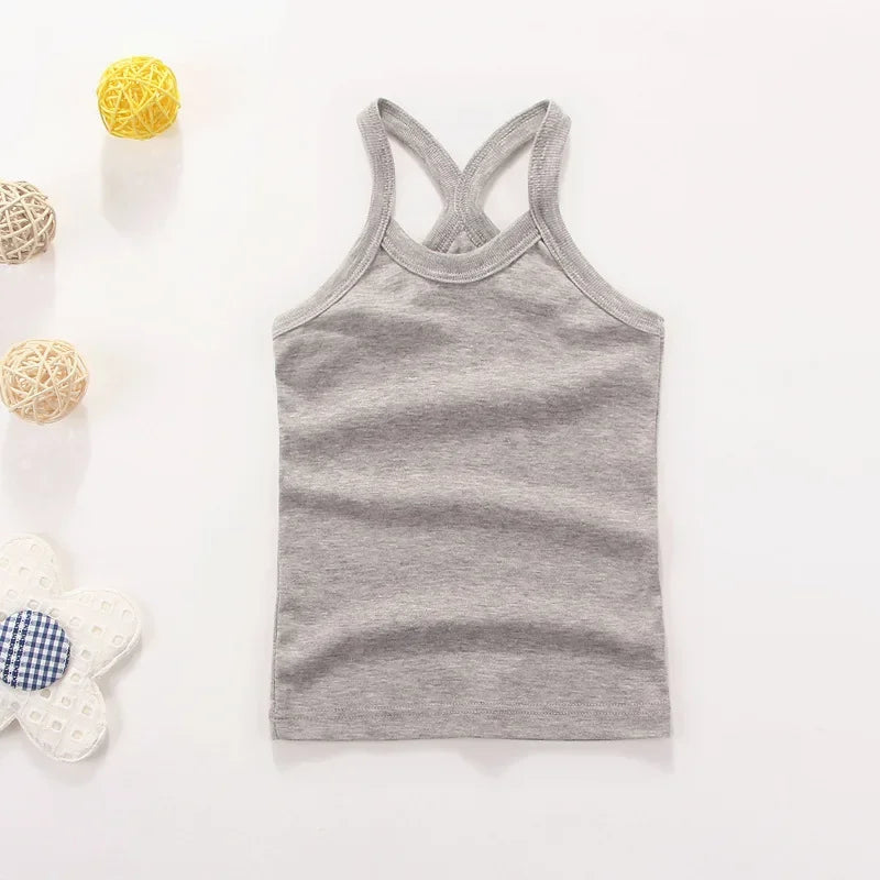 Summer Cotton Girls Vest Sleeveless Solid Color T-shirts Tees Kids Children Tops Baby Girl Casual Clothes Tshirt 2-12 Years CB DROPSHIPPING