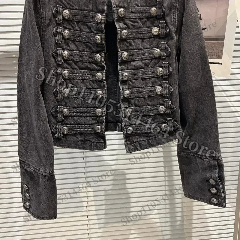 Spring Autumn Vintage Blue Slim Short Jeans Jacket Women Stand Collar Multi-breasted Design Long Sleeve Denim Jacket  Streetwear