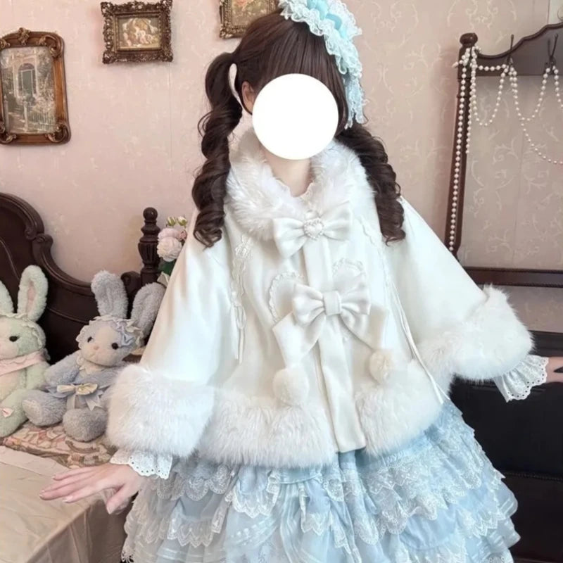 Japanese Kawaii Coat Cloak Faux Fur Collar Long Sleeve Tops Women Casual Lolita Bow Button Jackets Warm Sweet Women Clothing