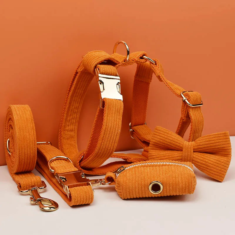 Orange Corduroy Dog Collar And Leash Set For Dogs Custom Engraved Nameplate Pet Supplies Dog Leash Corduroy11 CB DROPSHIPPING