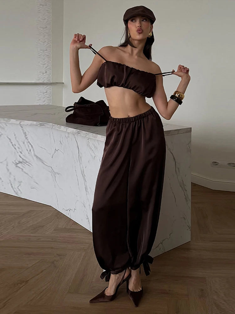Women's Trousers 2 Pcs Suits Pleated Spaghetti Strap Cropped Tube Tops Elastic Waist Lace Up Pants Charming Ladies Partywear New