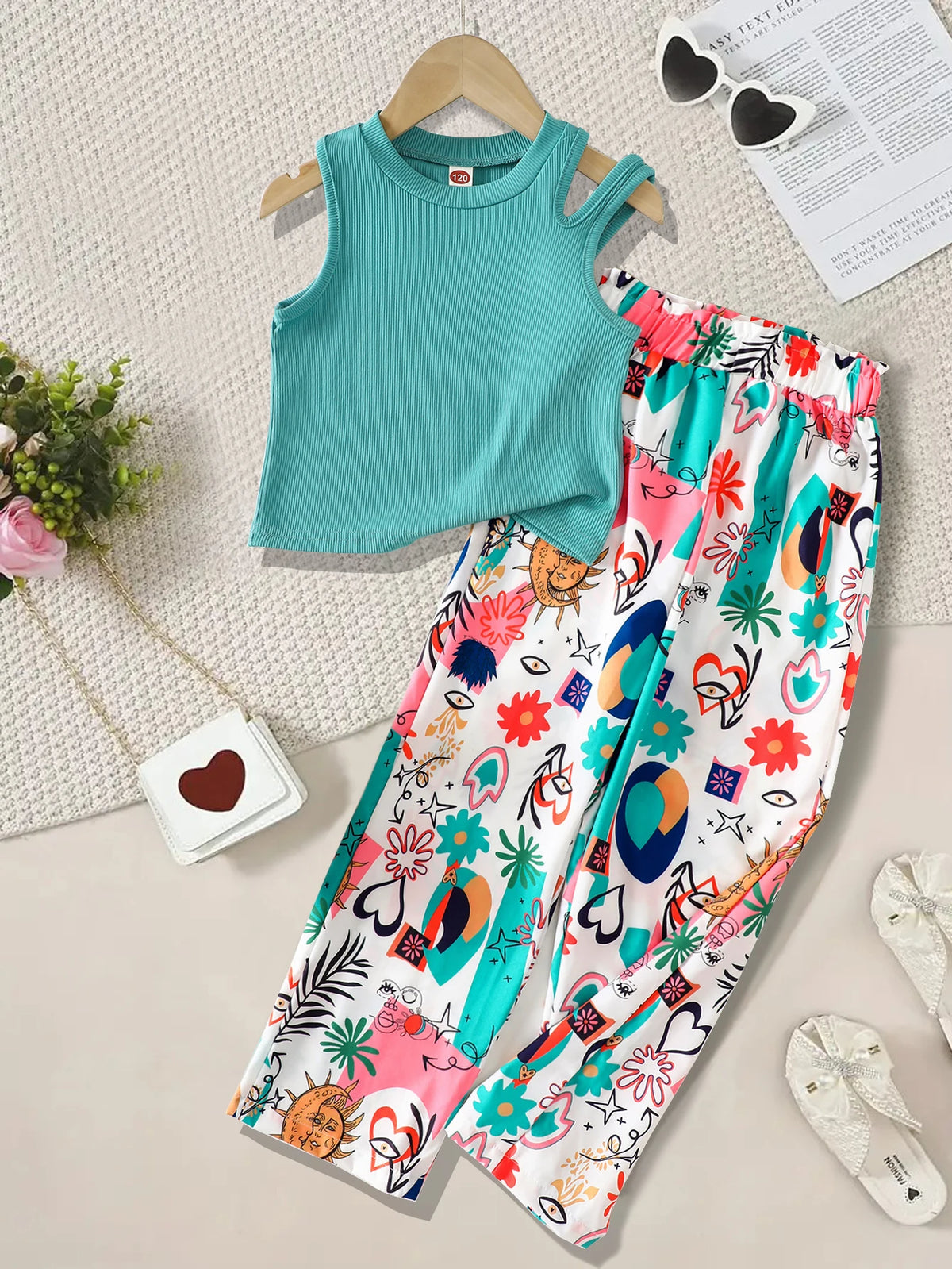 Summer Teenage Girls Clothing Set Off-Shoulder Ribbed Tank Tops and Printed Pants Two-Piece Sets for Kids Girl 6-14 Y CB DROPSHIPPING