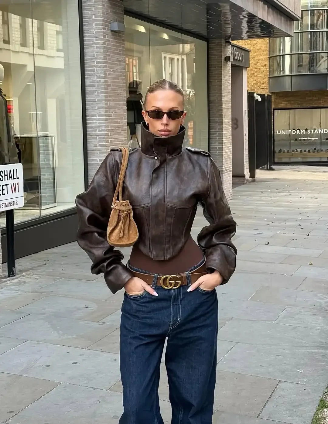 Vintage Solid Waist Cinching Leather Jacket Women Fashion Stand Collar Full Sleeve Zipper Buckle Coat 2026 Lady Street Outerwear