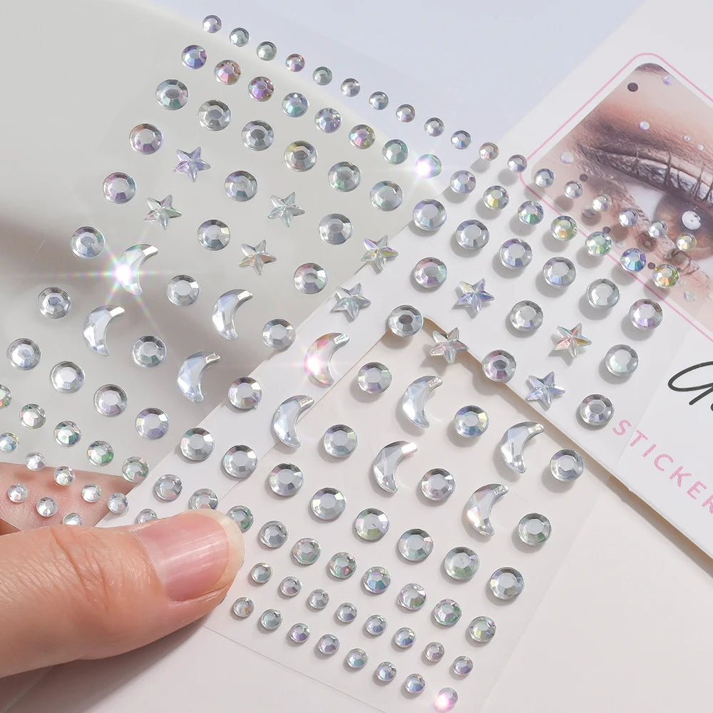 1pc 3D Y3K Silver Aurora Moon Star Face Gems Jewels Rhinestone Stickers Self Adhesive Crystal Makeup Diamonds Tattoos Decoration