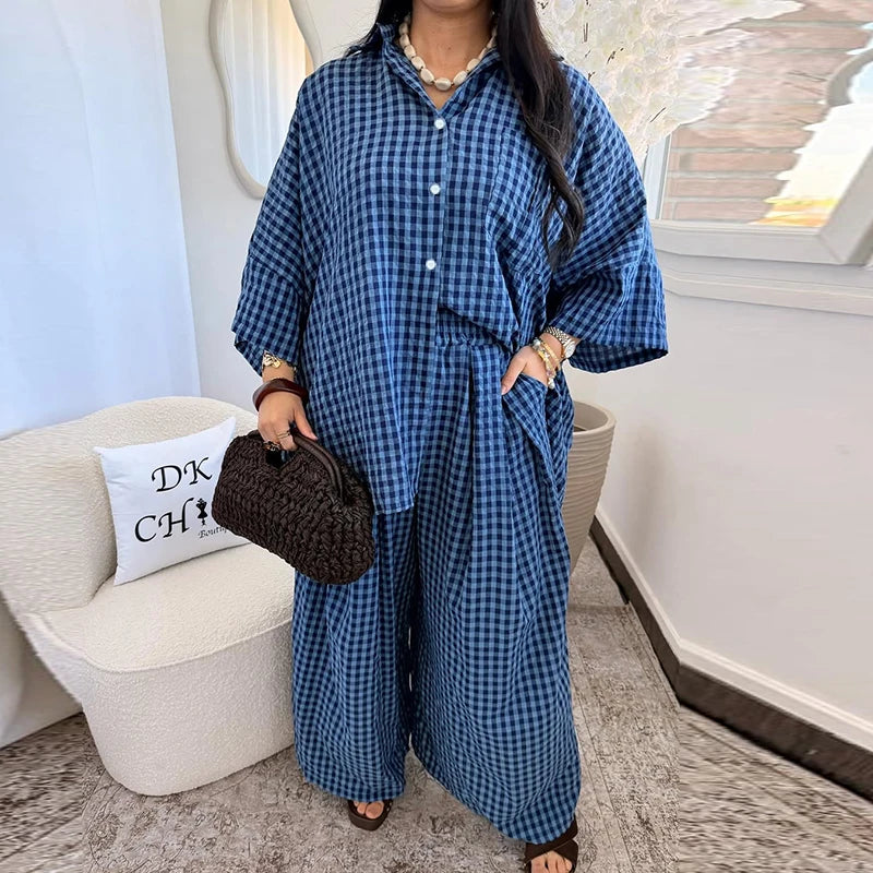Casual Women's Pants Set Turn-down Collar Shirt Loose Bottom Female Plaid Printing Sets 2026 Summer Fashion Commute Lady Suit