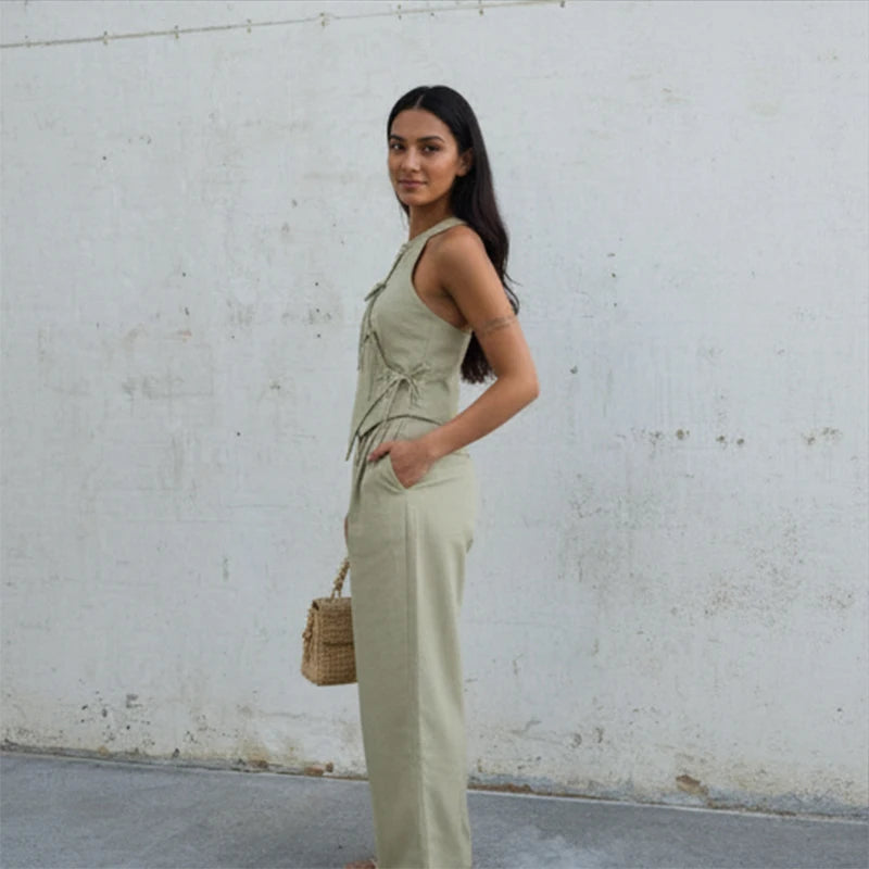 Women Green Bowknot Wide-leg Pant Suits Chic Solid Sleeveless Lace Up Slim Fit Long Pant Sets 2026 Lady Daily Street Outfits New