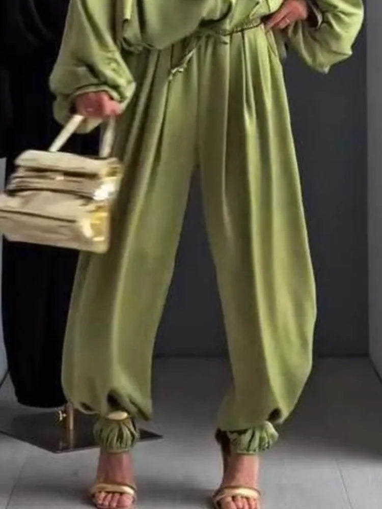 LGRQ Women's Casual Two-piece Set Fashion Lapel Long Sleeved Cardigan Jacket Elastic Waistband Tied Pants 2026 Summer 19DB1008