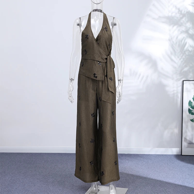 Sequins Women's Pant Sets Sexy Halter Neck Wrap Top Wide Leg Pants Two Piece Set Female 2026 Summer Woman New Vacation Outfit
